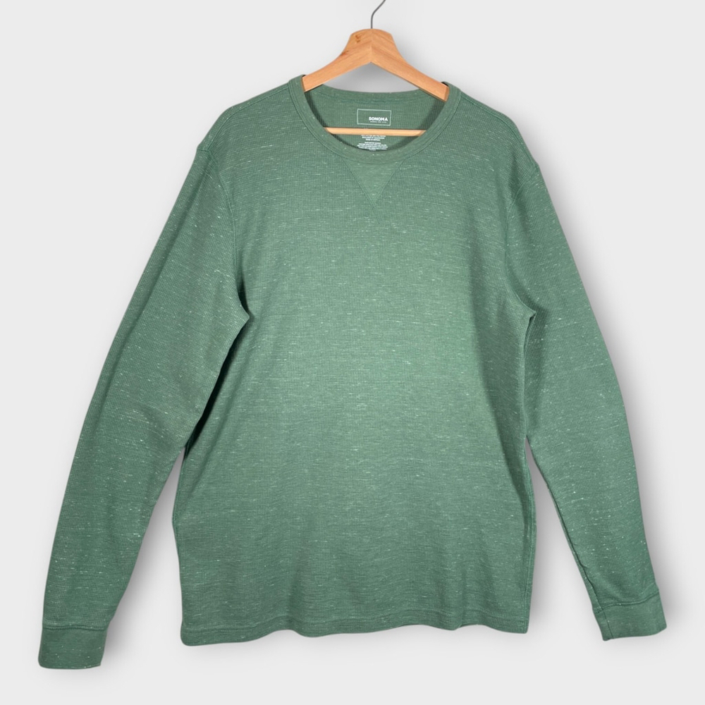 🦜 SONOMA Waffle Knit Shirt Men's XL TALL Green Crew Neck Outdoor Casual